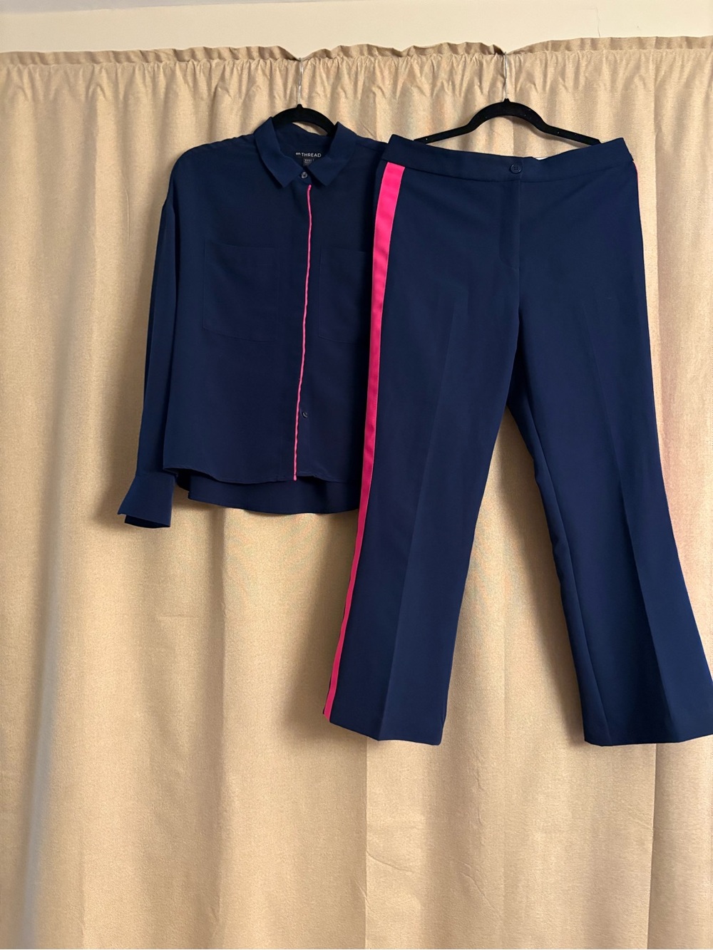 Navy & Pink Trim Women's Dress Pants and Coordinating Shirt Classic Side-Stripe